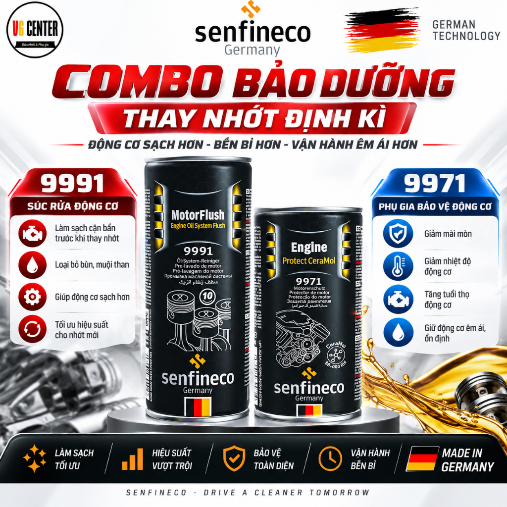 Combo bảo dưỡng ô tô định kì cao cấp Senfineco 9991 & Senfineco 9971, Phụ gia nhớt + Súc động cơ