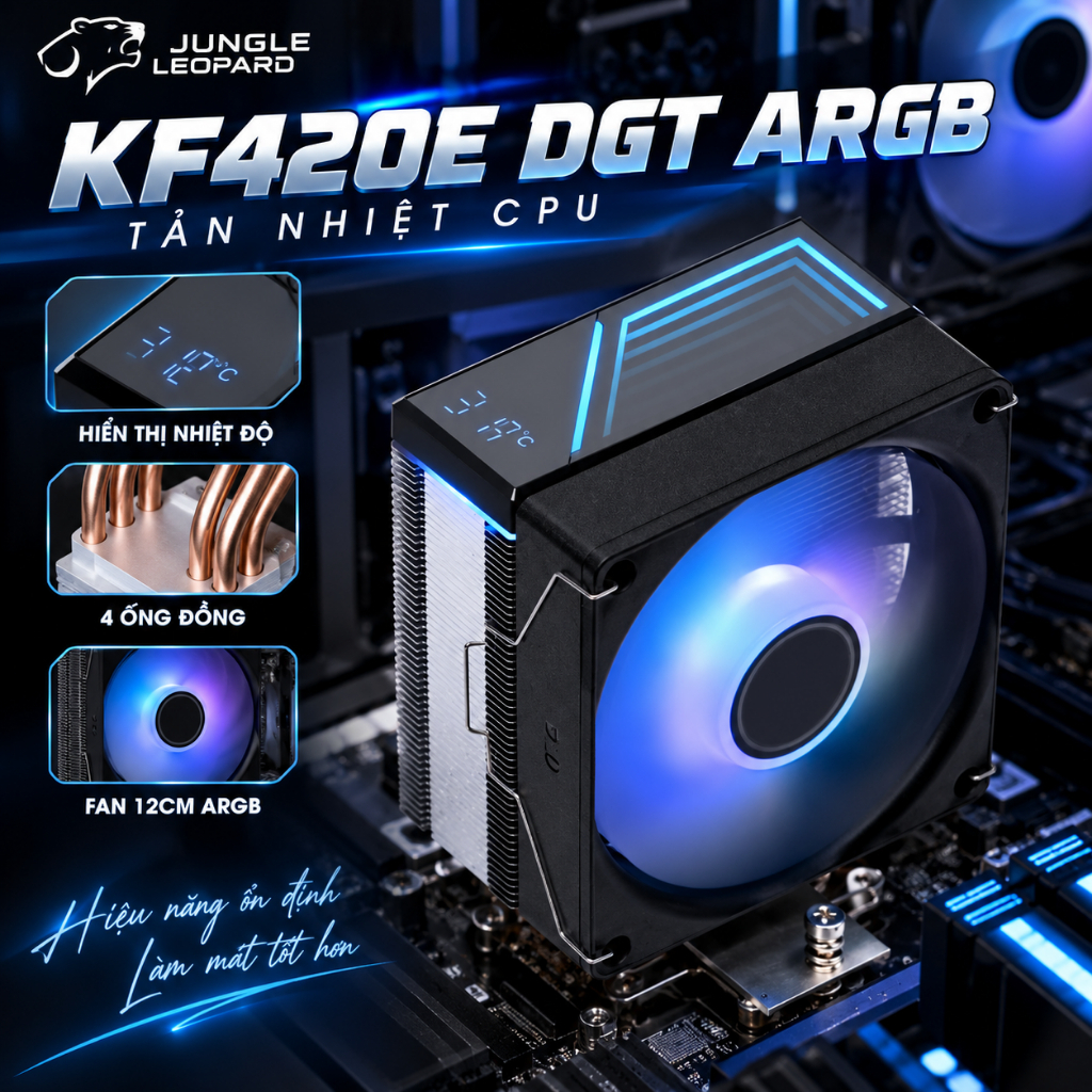 Tản nhiệt CPU Jungle Leopard KF420E DGT, hiển thị nhiệt độ, 4 ống đồng và quạt 120mm