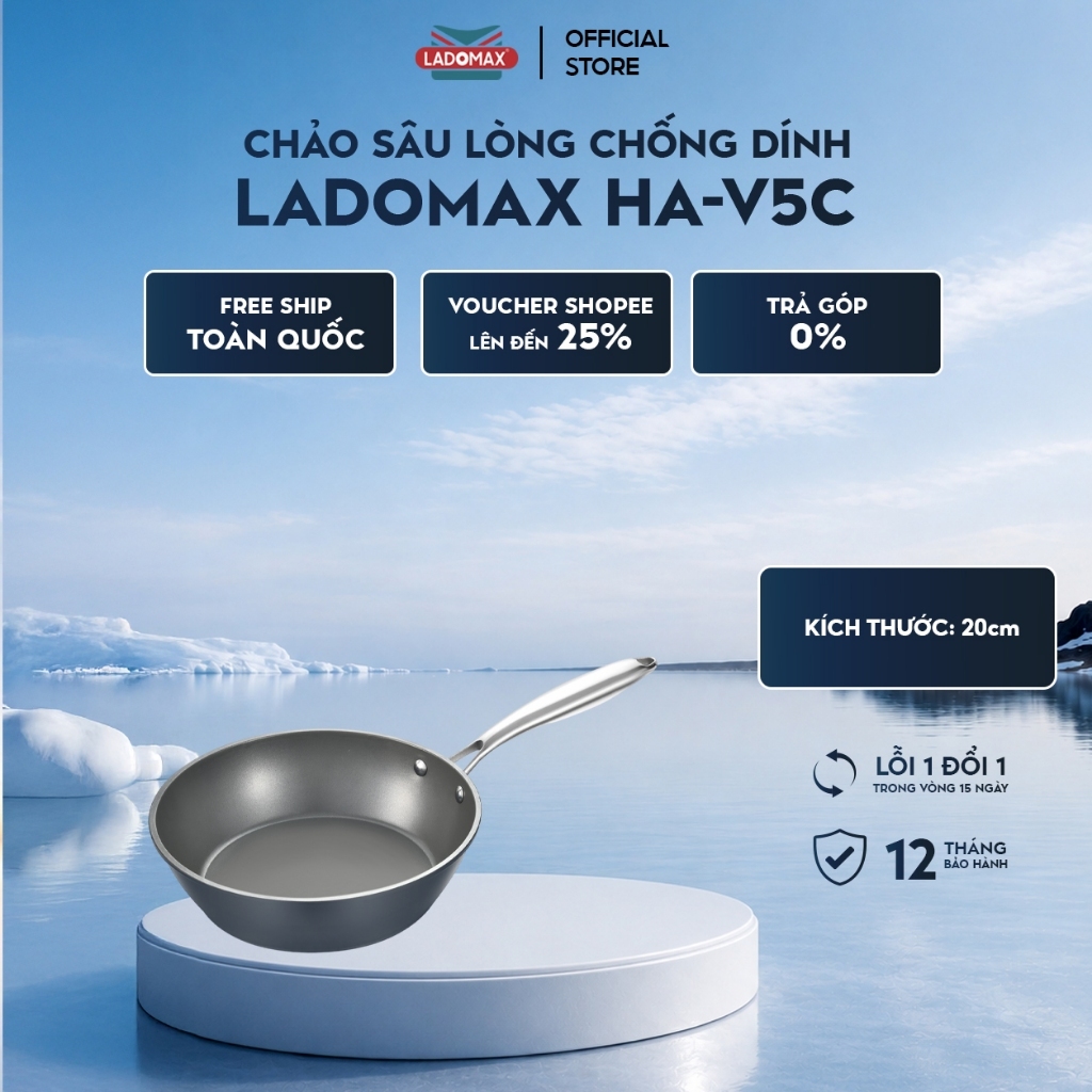 Chảo Sâu Lòng Chống Dính Ladomax HA-V5C - Đáy Từ, Hợp Kim Nhôm, Phủ 3 Lớp Dyflon, Chịu Nhiệt 450°C, 