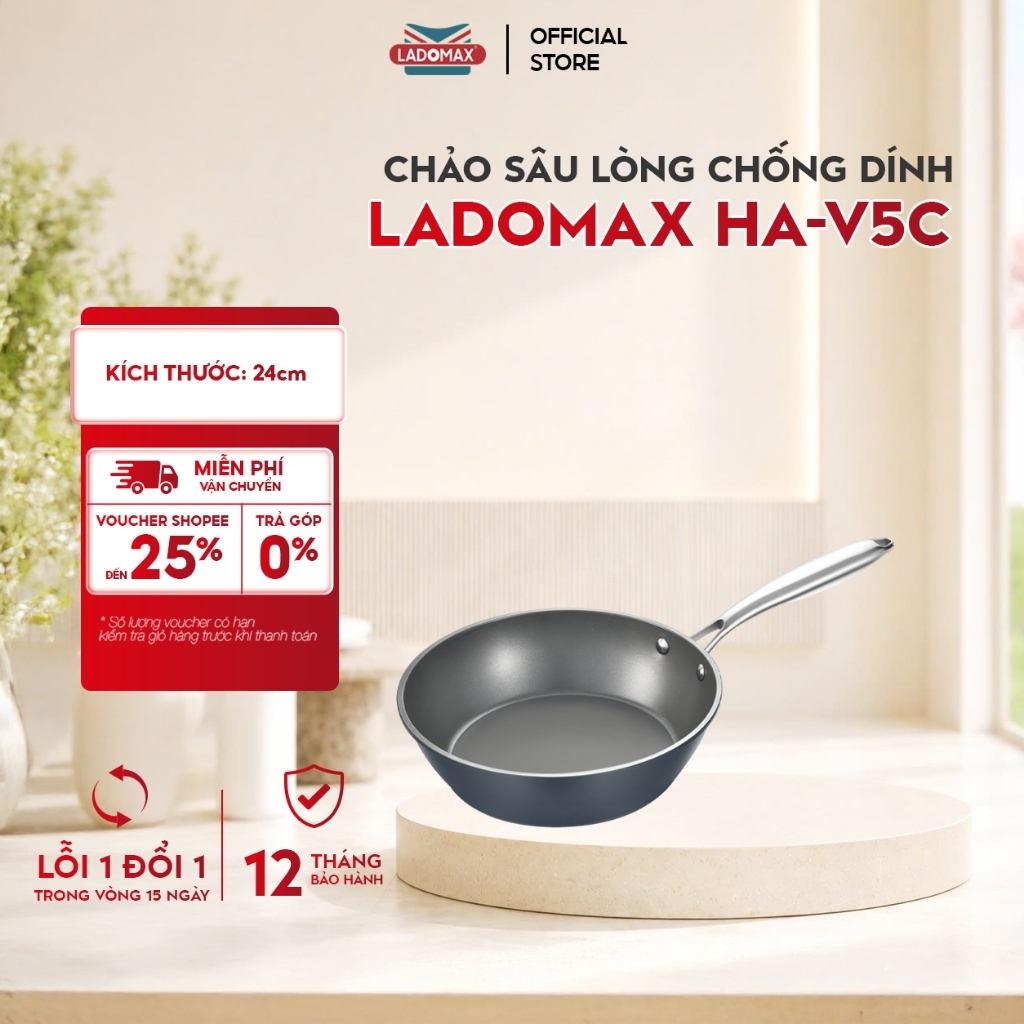 Chảo Chống Dính Ladomax HA-V5C - Đáy Từ, Hợp Kim Nhôm, Phủ 3 Lớp Dyflon, Chịu Nhiệt 450°C, Bảo Hành 