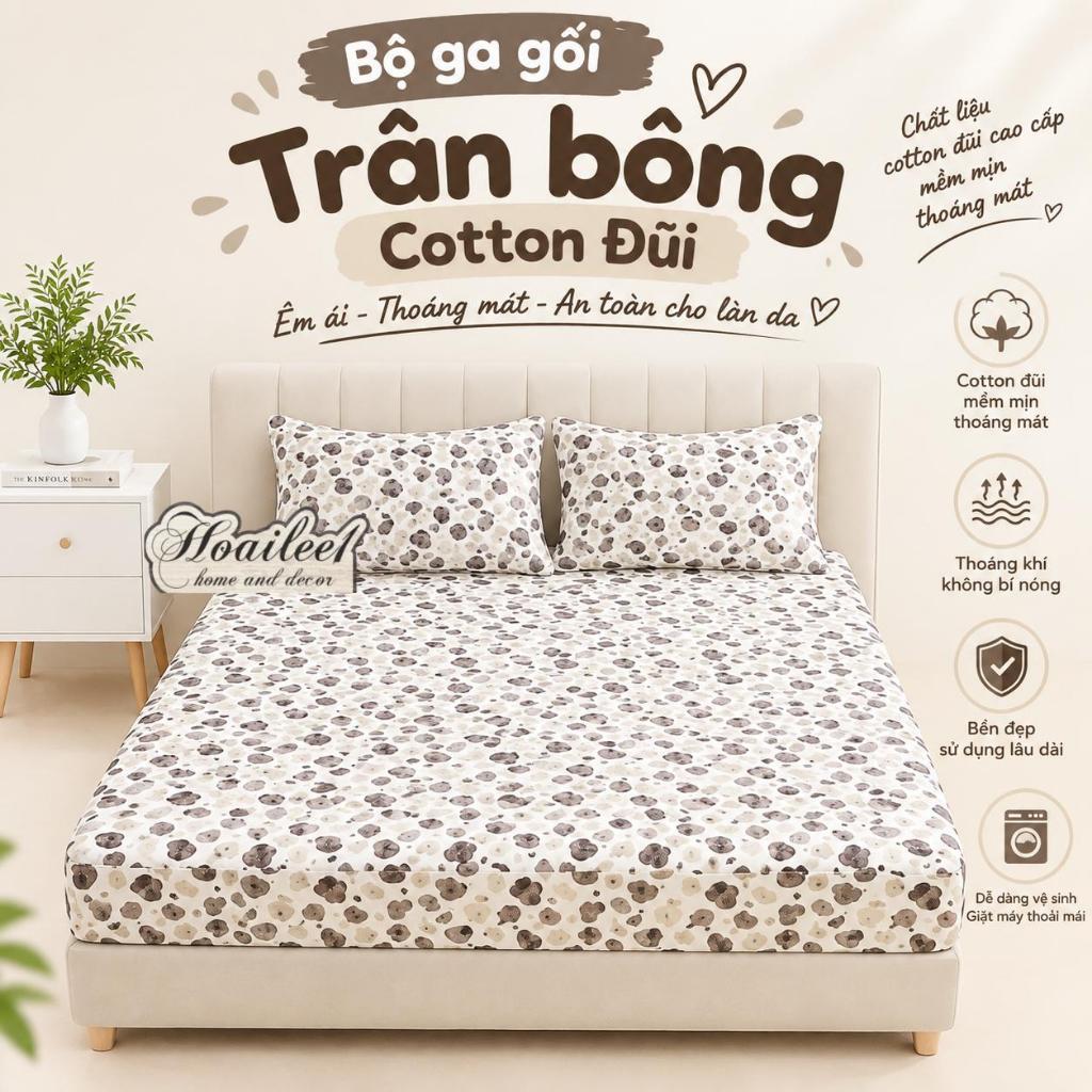 (Đệm 20cm)Bộ ga gối trần bông vải cotton đũi đậu nành set 3 món ga gối trần bông cotton đũi bo chun 