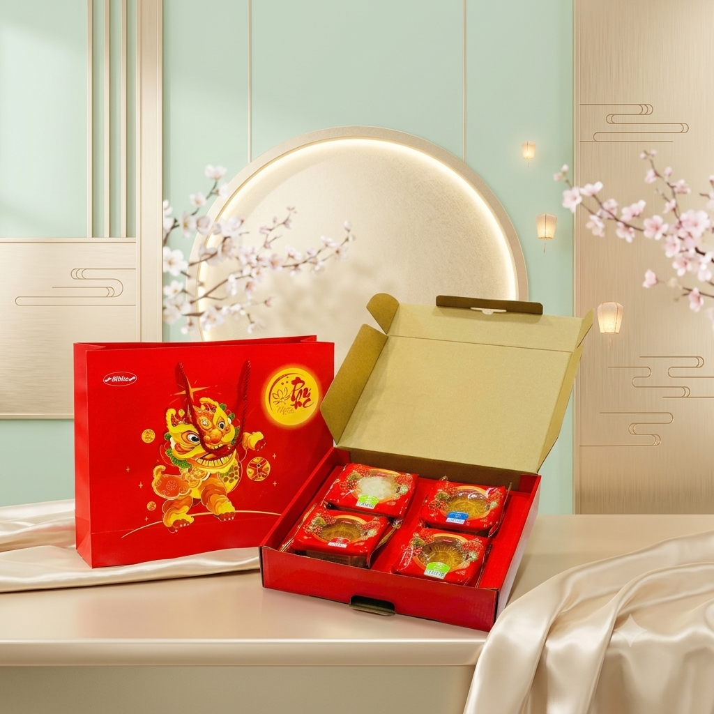 Bánh Trung Thu Bibica 2026 - Thịnh Vượng Chính Hãng | Hộp 04 Bánh 150g Cao Cấp | Quà Biếu Trung Thu