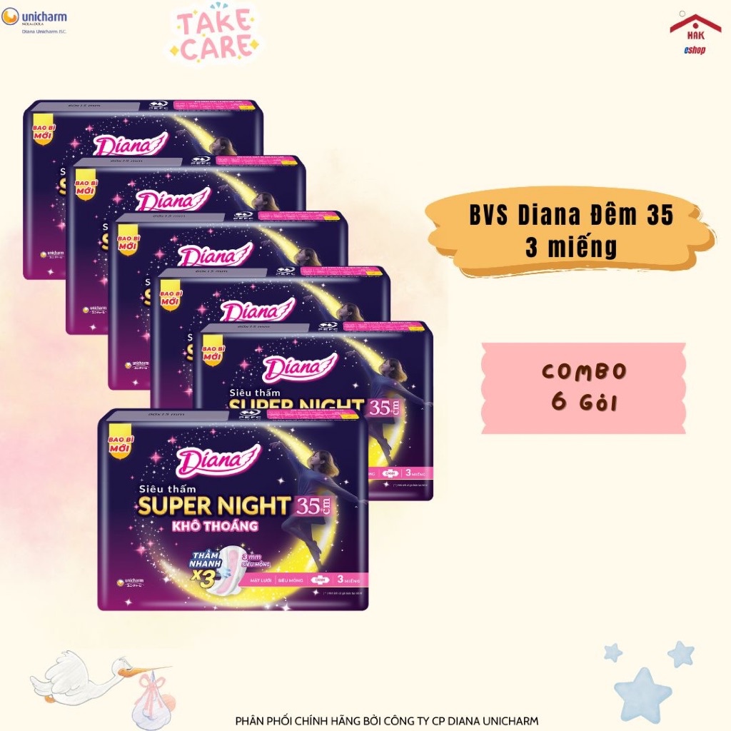 Lốc 6 Gói Băng Vệ Sinh Diana Siêu Thấm Ban Đêm Super Night 35cm – Gói Nhỏ 3 Miếng