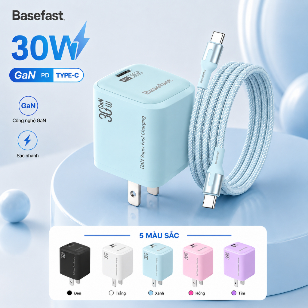 Combo bộ sạc nhanh Type C 30w Basefast Củ sạc Gan kèm dây dù 60w cho ip 15 16…