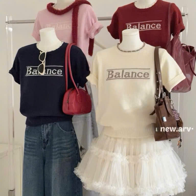 Áo len mỏng ngắn tay Studio thêu chữ Balance XONXEN PCT mã 112