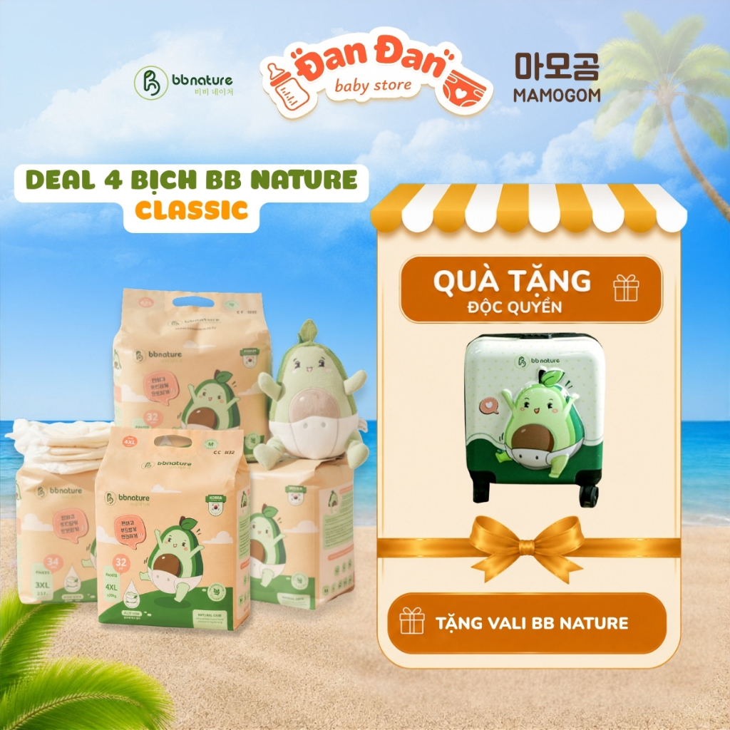 Tã Bỉm BB Nature Classic cho bé / Combo 4 Bịch Tặng Vali Bơ BB Nature