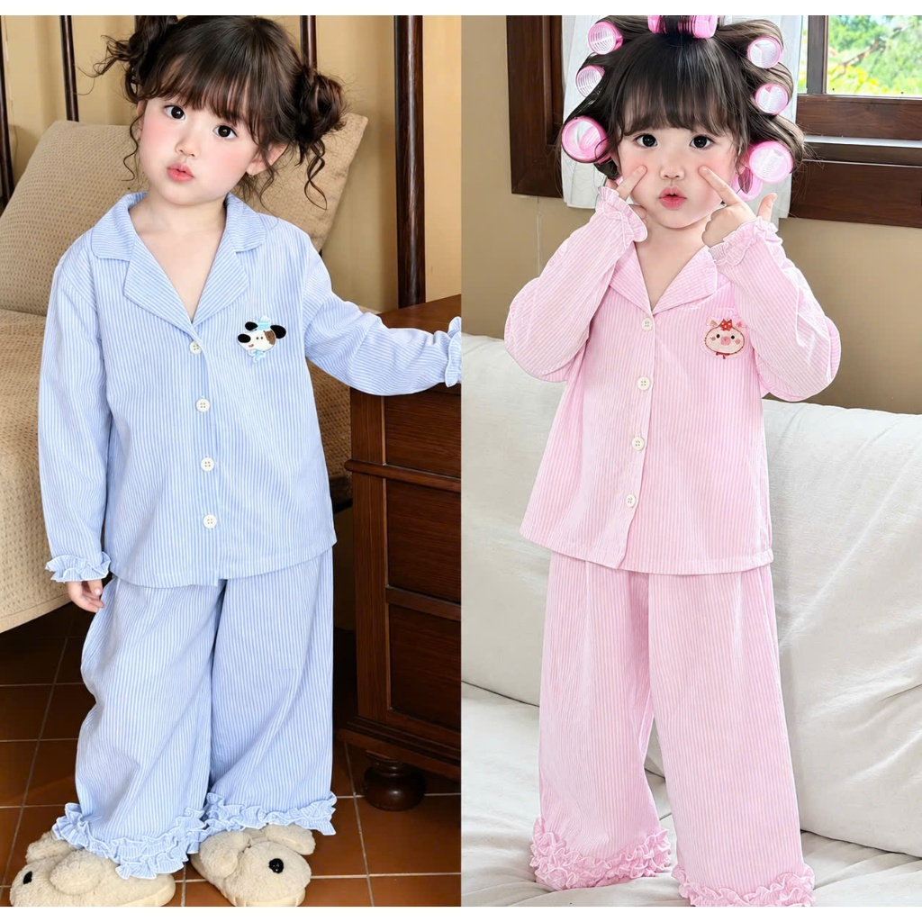 Pijama bé gái sọc dọc 2 màu hồng, xanh Momo Kids – Đồ ngủ trẻ em dài tay, thoải mái sz 10- 30kg