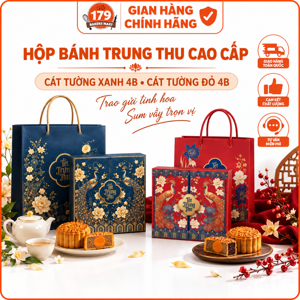 Hộp Đựng Bánh Trung Thu 4 Bánh 150g-250g Cao Cấp Cát Tường Xanh/Đỏ | Hộp Đựng Bánh Trung Thu