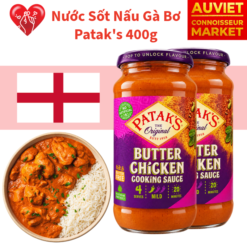 Sốt Cà Ri Gà Bơ Ấn Độ Patak’s Butter Chicken Cooking Sauce Vị Ít Cay Mild Nhập Khẩu Chính Hãng Chai 