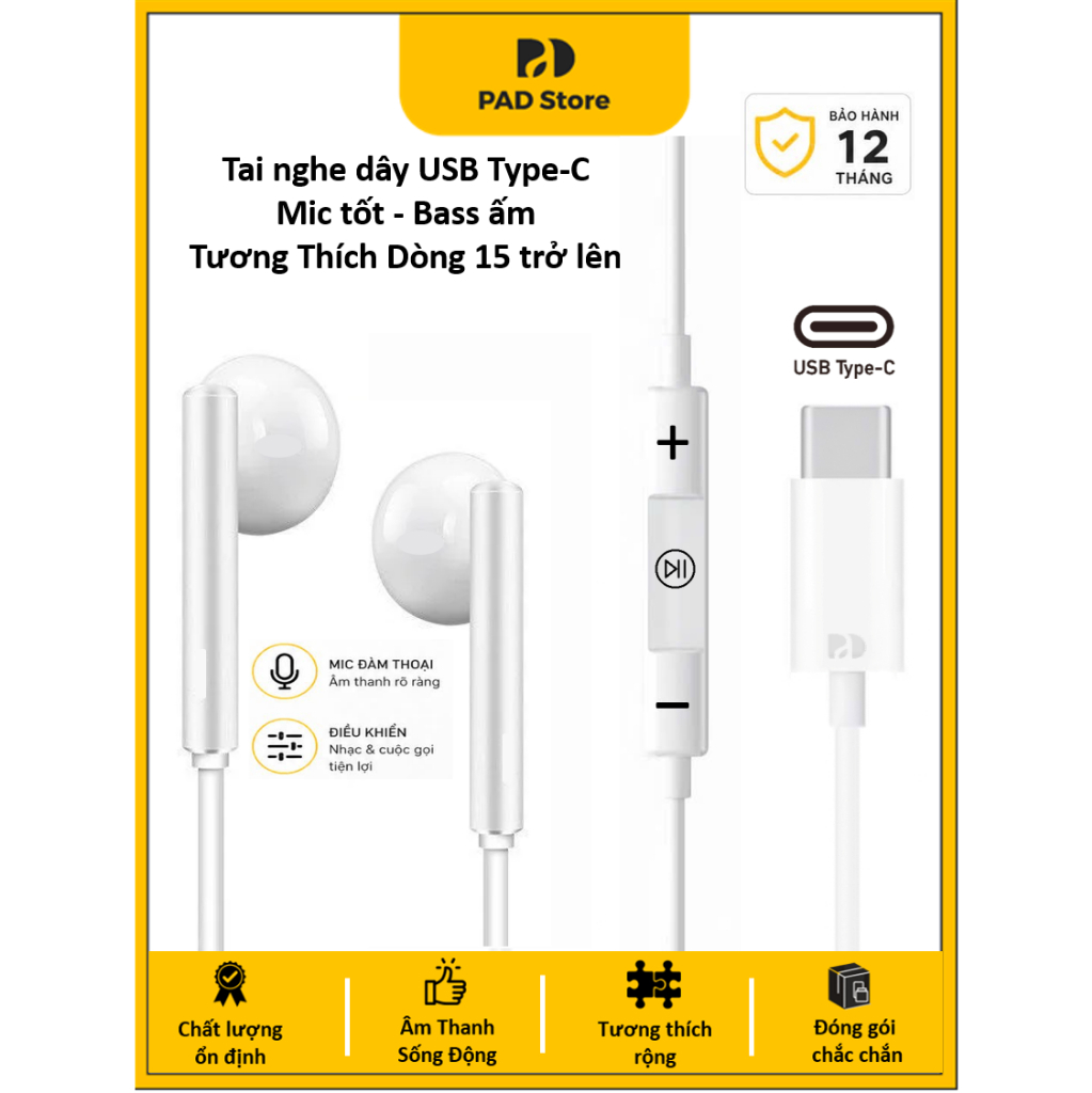Tai Nghe Dây Chuẩn Zin USB-C Cho 15 trở lên - Mic Rõ - Bass Ấm - Kèm Đệm - BH…