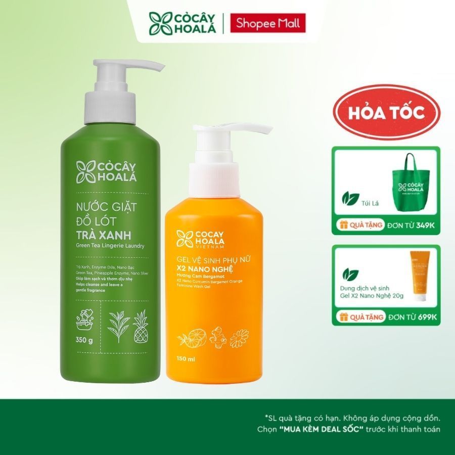 [HỎA TỐC] COMBO Nước Giặt Đồ Lót Trà Xanh Cỏ Cây Hoa Lá 350gr và Dung Dịch Vệ Sinh x2 Nano Nghệ 150m