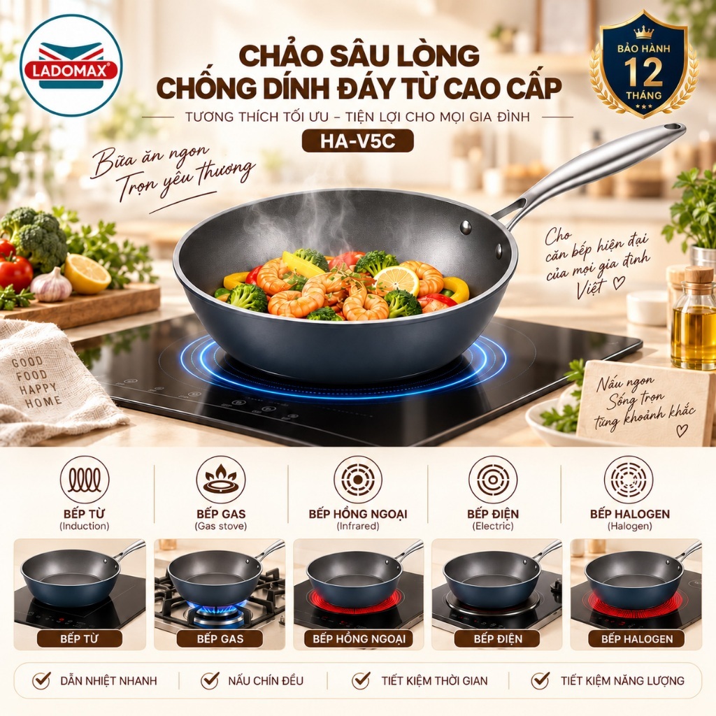 Chảo Sâu Lòng Chống Dính LADOMAX HA-V5C Đáy Từ Hợp Kim Nhôm Phủ 3 Lớp Dyflon Hàn Quốc