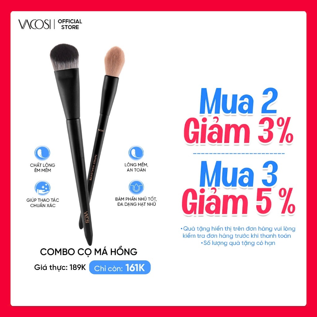 COMBO Cọ Nền Phủ & Cọ Highlight Má Hồng Đa Năng VACOSI - F12 & M26