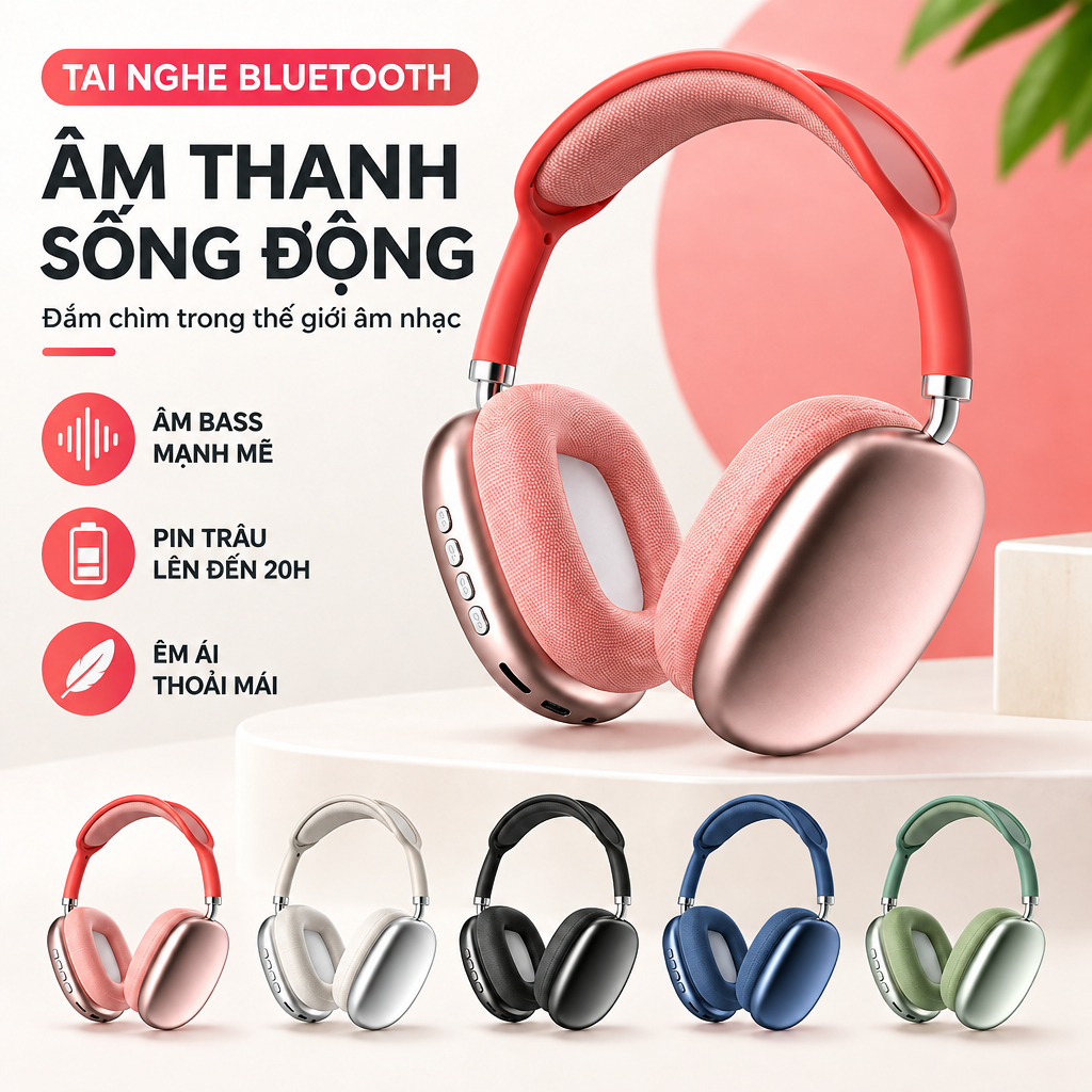 P9 Pro Max Tai nghe Bluetooth , nhiều màu, bass mạnh, chống trễ chơi game