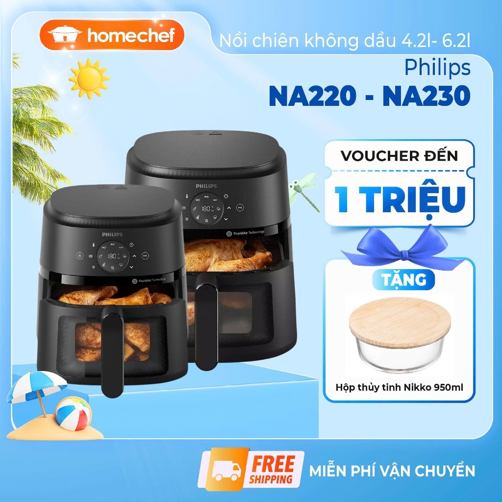 Nồi Chiên Không Dầu Philips 4.2L/6.2L - NA130/NA230/NA220/NA120, Công nghệ RapidAir, Menu Đa Dạng