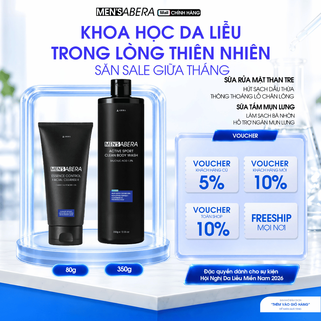Combo Sữa Rửa Mặt Than Tre + Sữa Tắm Mụn Lưng MEN'S ABERA