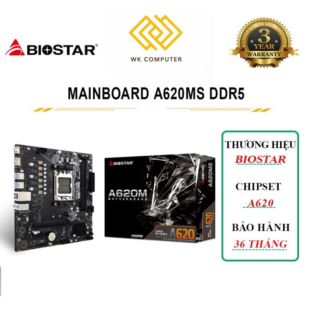 Mainboard BIOSTAR A620MS (AMD A620, Socket AM5, 2xDDR5, mATX) Mới, Bảo Hành 36T