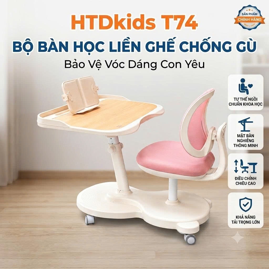 Bộ Bàn Học Liền Ghế Chống Gù T74 HTDKIDS Bàn Học Thông Minh Nâng Hạ Chiều Cao Gỗ Tự Nhiên Cho Bé
