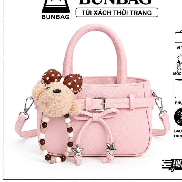 Túi Xách Nữ Mini Màu Hồng Dáng Hộp Có Quai Xách Đeo Chéo Kèm Gấu Bông Dễ Thương Túi Thời Trang Nữ