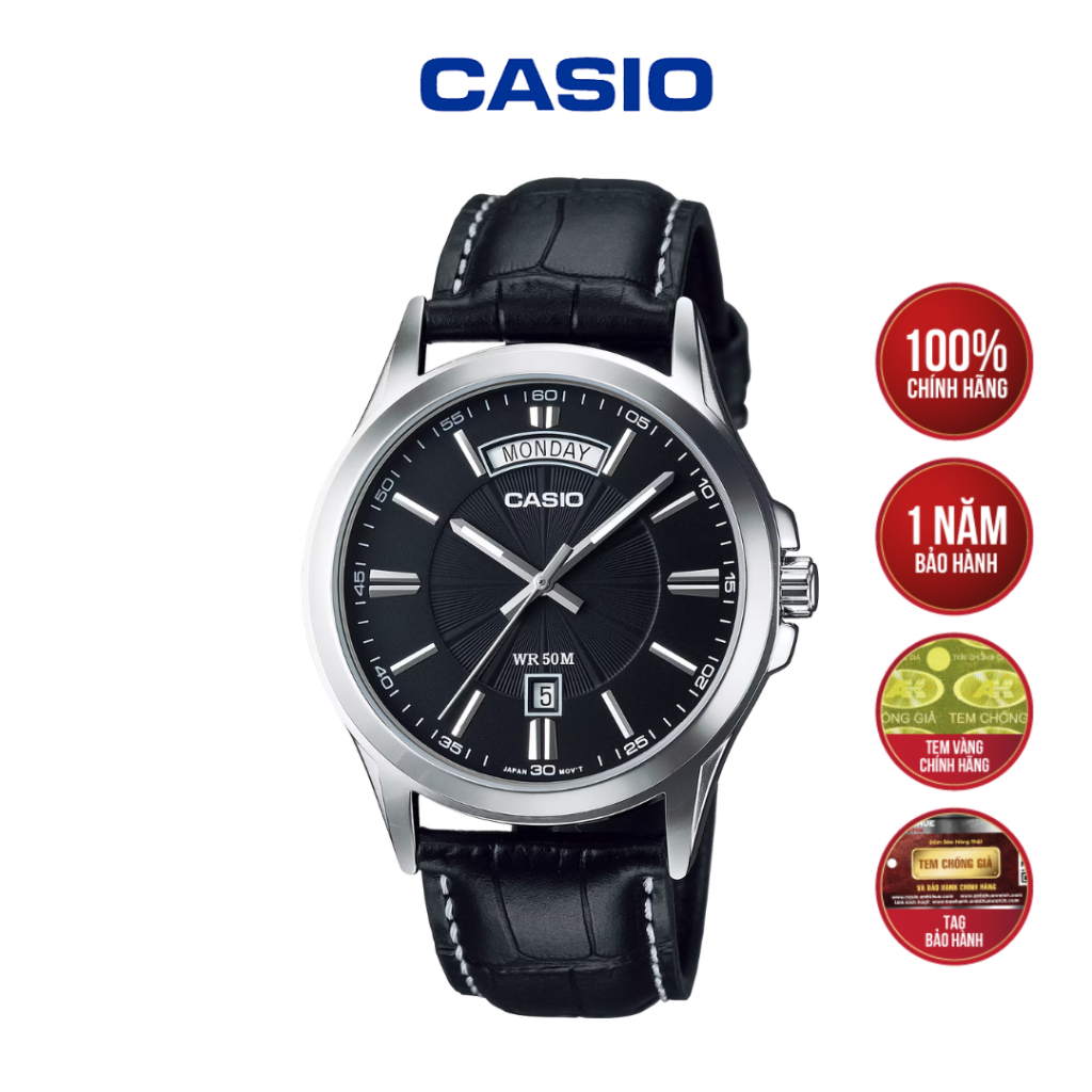 Đồng Hồ Nam Casio MTP-1381L-1AVDF - Mặt Đen Chải Tia, Lịch Thứ Góc 12H, Dây Da Chính Hãng