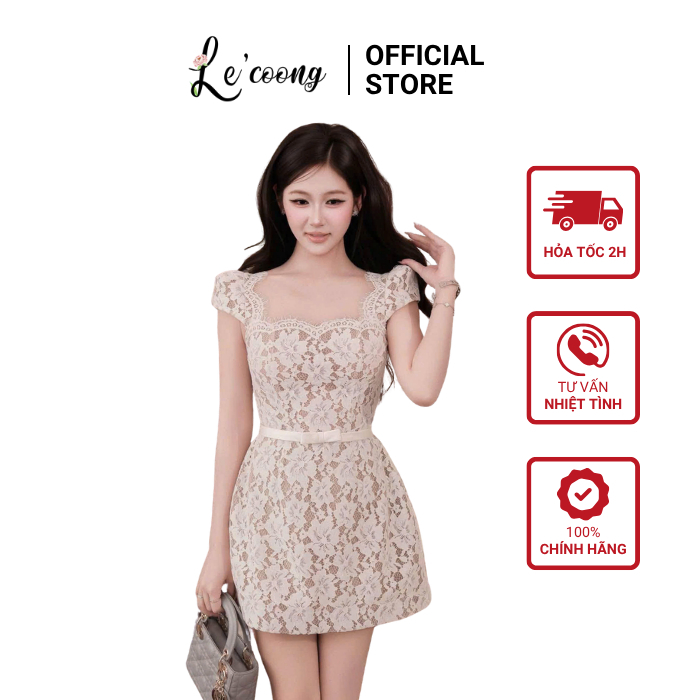 Váy Thiết Kế Cổ Vuông Viền Ren LECOONG V900 Váy Đẹp Dáng Ngắn Tay Con Sang Chảnh
