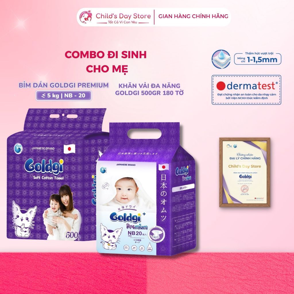 Combo Goldgi Đi Sinh - Bỉm Goldgi Premium NB20 + Khăn Khô Đa Năng 180 Tờ