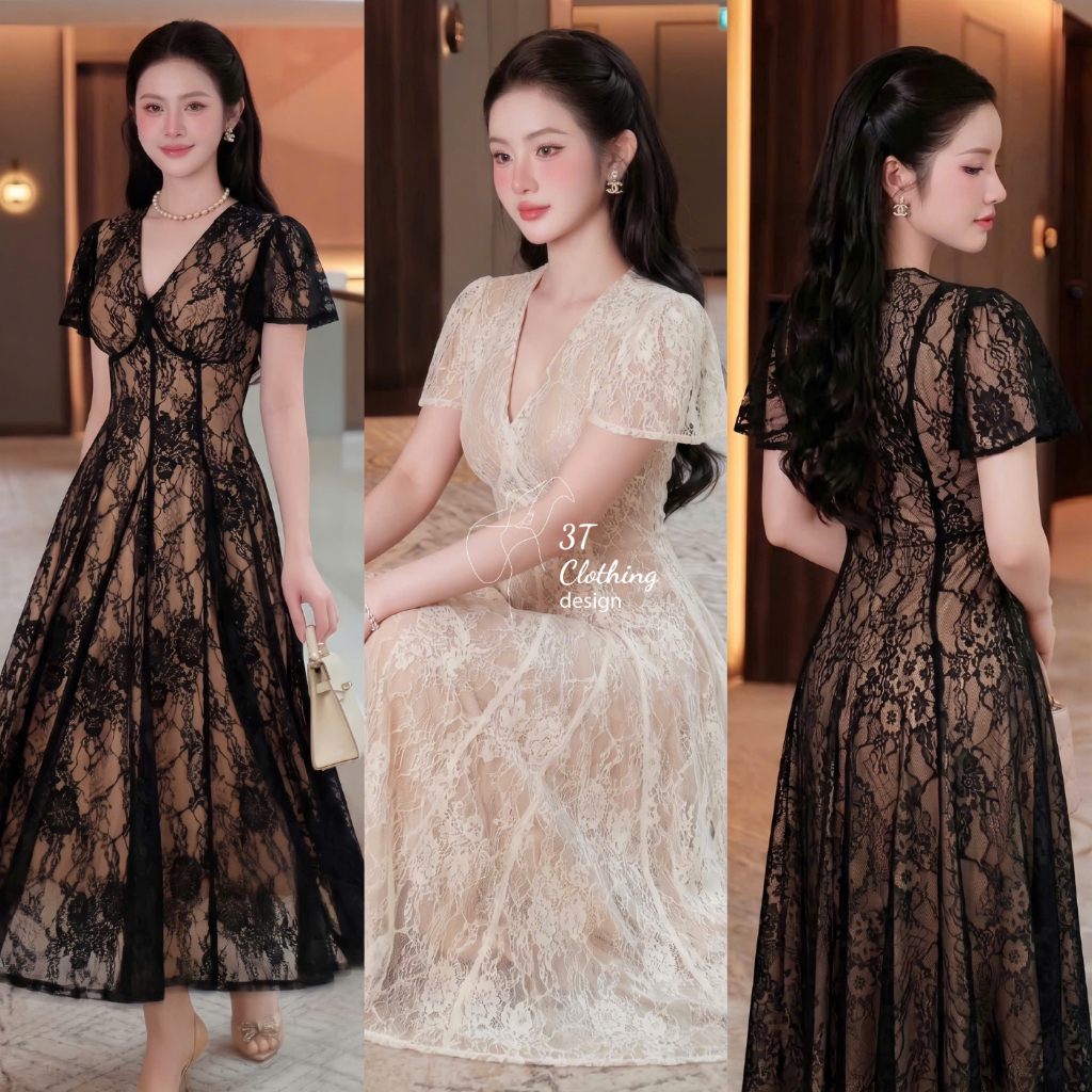 [3T CLOTHING]Đầm Nữ Ren Hoa Dáng Dài Dự Tiệc Váy Nữ Cổ V Chiết Eo Tôn Dáng,Đầm Tiểu Thư Sang Trọng B