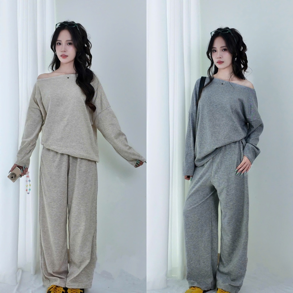 Set Áo Lệch Vai Kèm Quần Ống Suông, Chất Liệu Len Lông Thỏ Mềm Mại - Suxing - S132