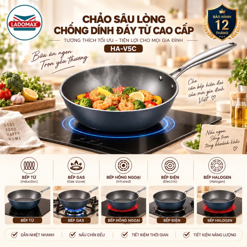 Chảo sâu lòng chống dính đáy từ cao cấp LADOMAX - Mã: V5C
