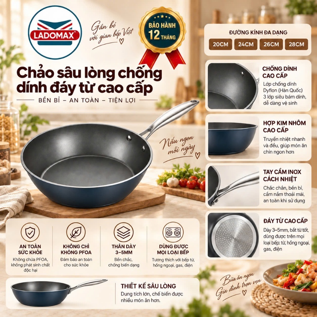 Chảo sâu lòng chống dính đáy từ cao cấp LADOMAX - Mã: V5C