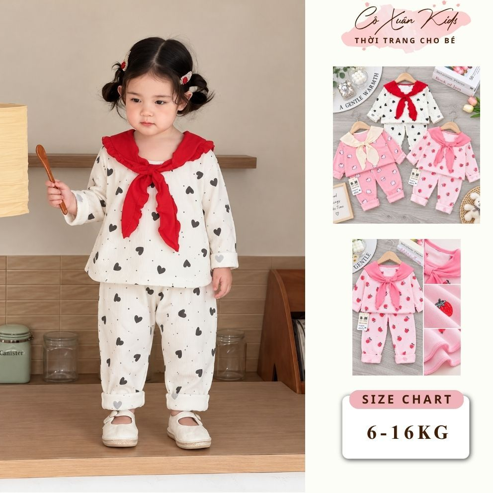 Bộ quần áo bé gái vải tăm cổ khăn quàng, đồ bộ bé gái họa tiết nơ dễ thương size 80-120