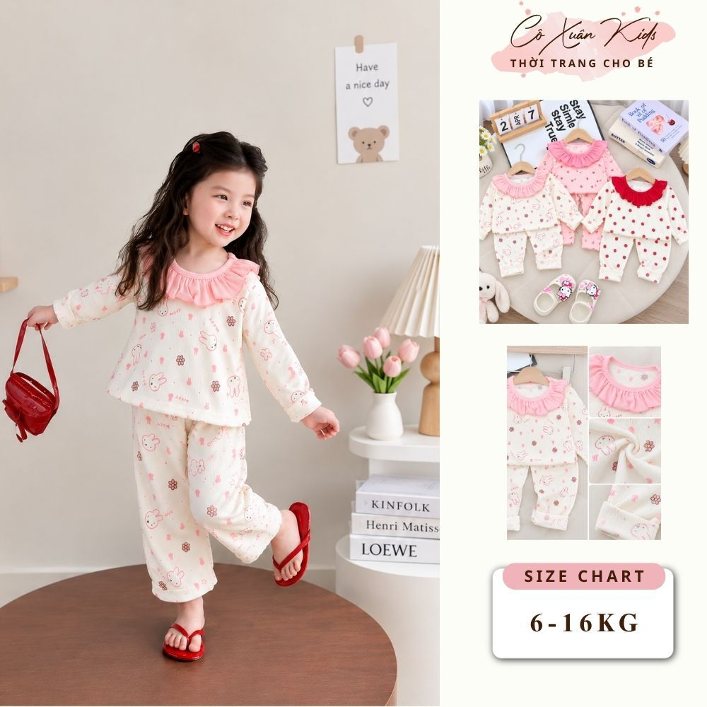 Bộ quần áo bé gái cổ sen, đồ bộ bé gái họa tiết dâu cherry chất thun tăm cao cấp size 80-120