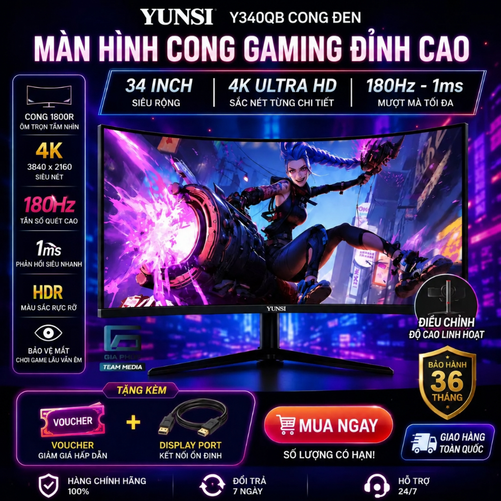 Màn Hình 34inch 4K Yunsi Y340QB (180hz, 3440x1440, 1ms, DP+HDMI, có thể nâng hạ) chính hãng bảo hành