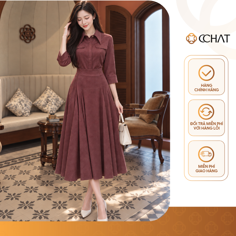 Set Đồ Nữ 𝐂𝐂𝐇𝐀𝐓 Dáng Xòe Safari Tay Lỡ Hiện Đại Chất Liệu Tuytsi Cao Cấp 26BDS2079XT