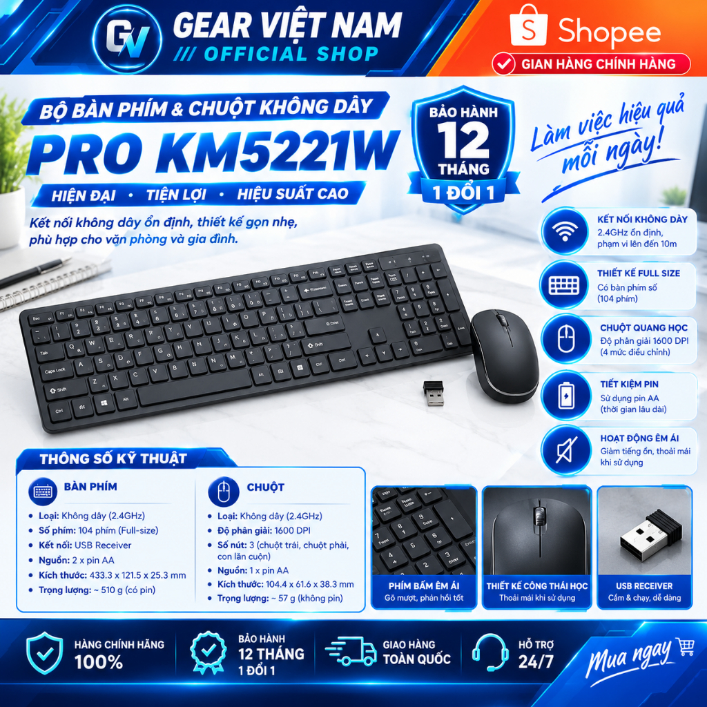 < BH 12 tháng - 1 đổi 1 > Bộ Bàn phím và chuột không dây DELL Pro KM5221W