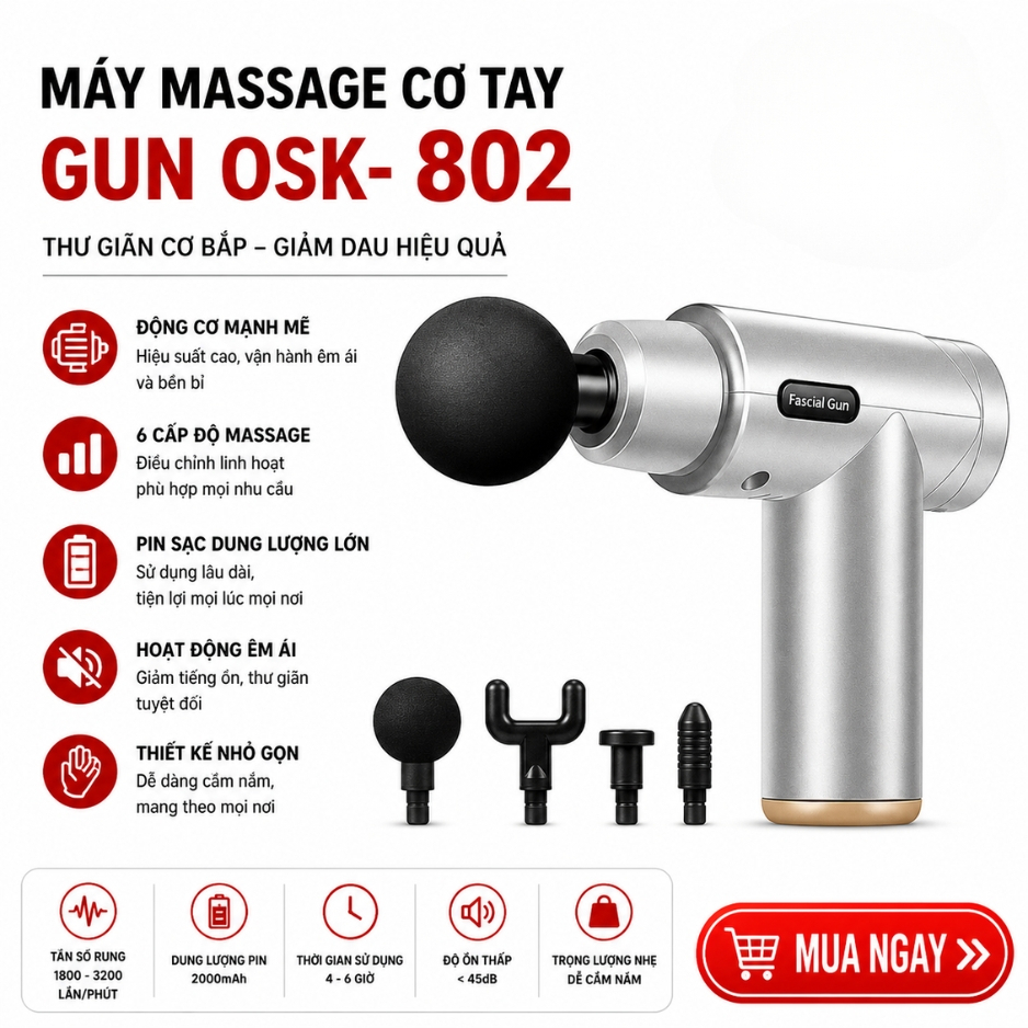 Máy Massage Cầm Tay Mini Gun Osk 802 4 Đầu Thay Thế Và 6 Cấp Độ Massage