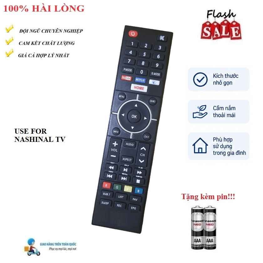 Remote Điều khiển thay thế tương thích cho tivi Nashinal NÚT TRẮNG Tặng Pin