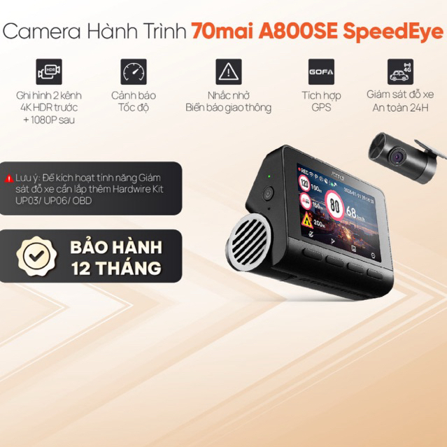 Camera Hành Trình 70mai A800SE Speedeye Cảnh Báo Giao Thông Thông Minh, Giám Sát Đỗ Xe 24/7 & Ghi Hình Khẩn Cấp
