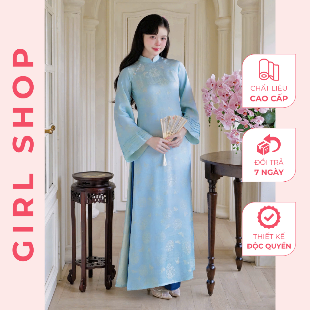 Áo Dài Nguyệt Điệp Thiết Kế Cao Cấp Dáng Suông 2 Tà Cổ Cao Sang Trọng Thanh Lịch GIRLSHOP