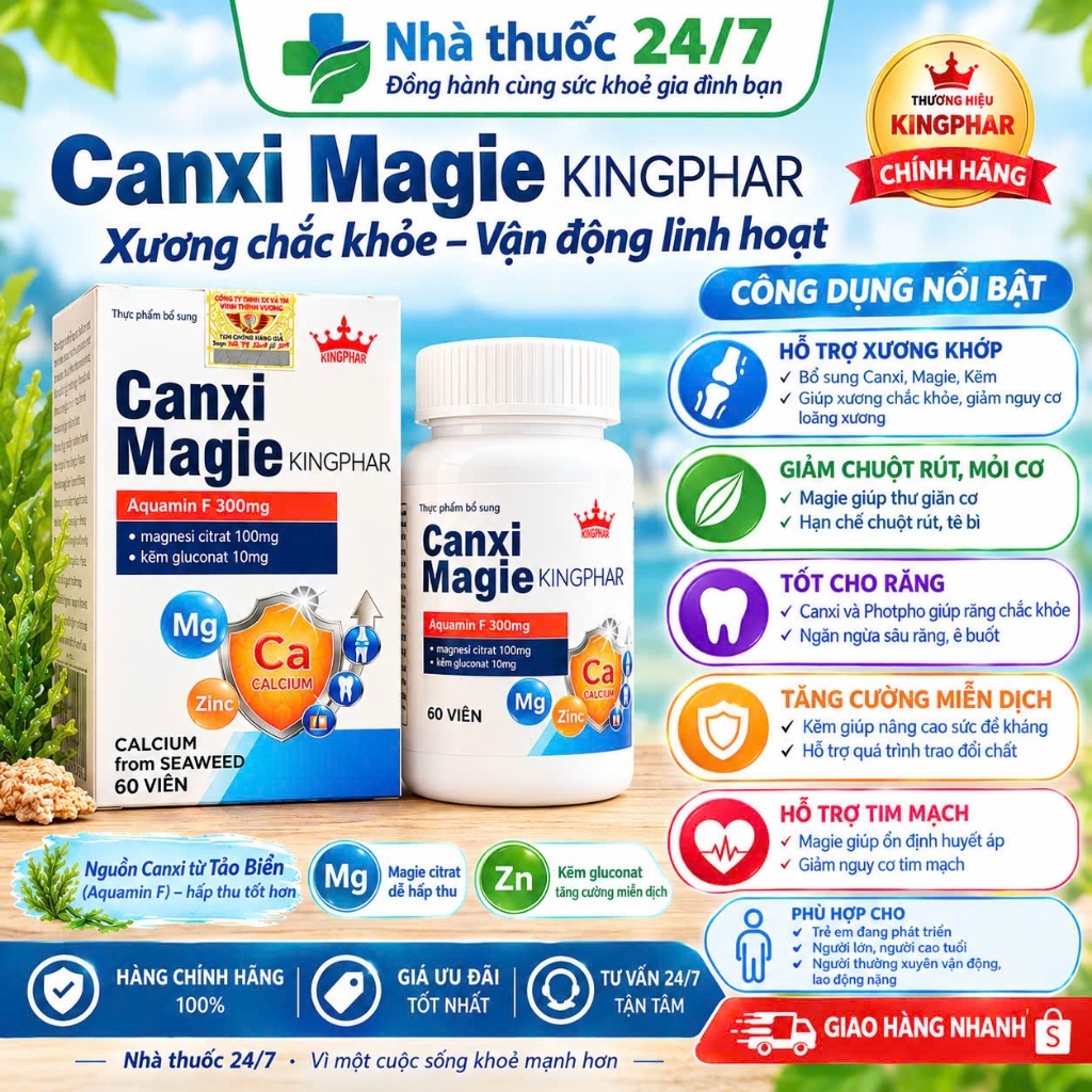 Viên Uống Canxi Magie Kingphar 60 Viên  – Bổ Sung Canxi, Magie Và Kẽm Cho Cơ Thể