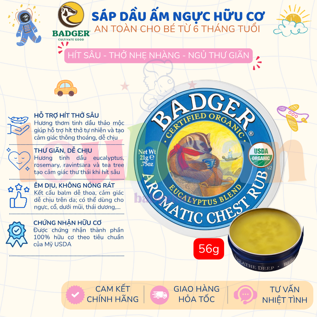 Sáp dầu ấm ngực hữu cơ BADGER Chest Rub giảm ho nghẹt mũi an toàn cho em bé 56g Loubean