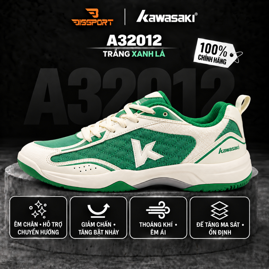 Giày Cầu Lông Kawasaki C32012 Chính Hãng - Trắng Xanh Lá - Chống Chấn Tốt - Đế Bám Sàn - Thoáng Khí 