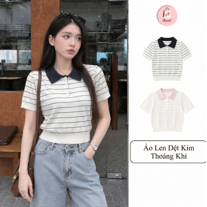 Áo Len Polo Dệt Kim Kẻ Ngang LN56 Tôn Dáng Xinh Kiểu Dáng Năng Động Áo Len Mềm Mịn