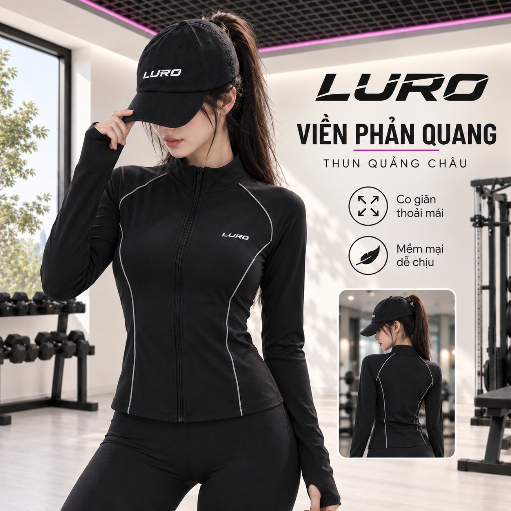 Áo Khoác Thể Thao Nữ LURO Ôm Body Tôn Dáng, Thun Quảng Châu, Viền Phản Quang, Gym Yoga