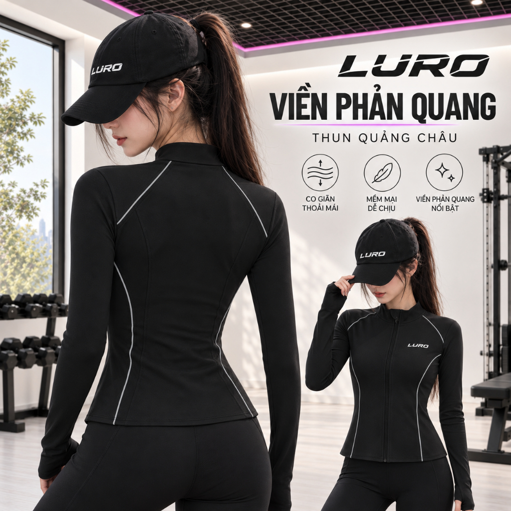 Áo Khoác Thể Thao Nữ LURO Ôm Body Tôn Dáng, Thun Quảng Châu, Viền Phản Quang, Gym Yoga 4