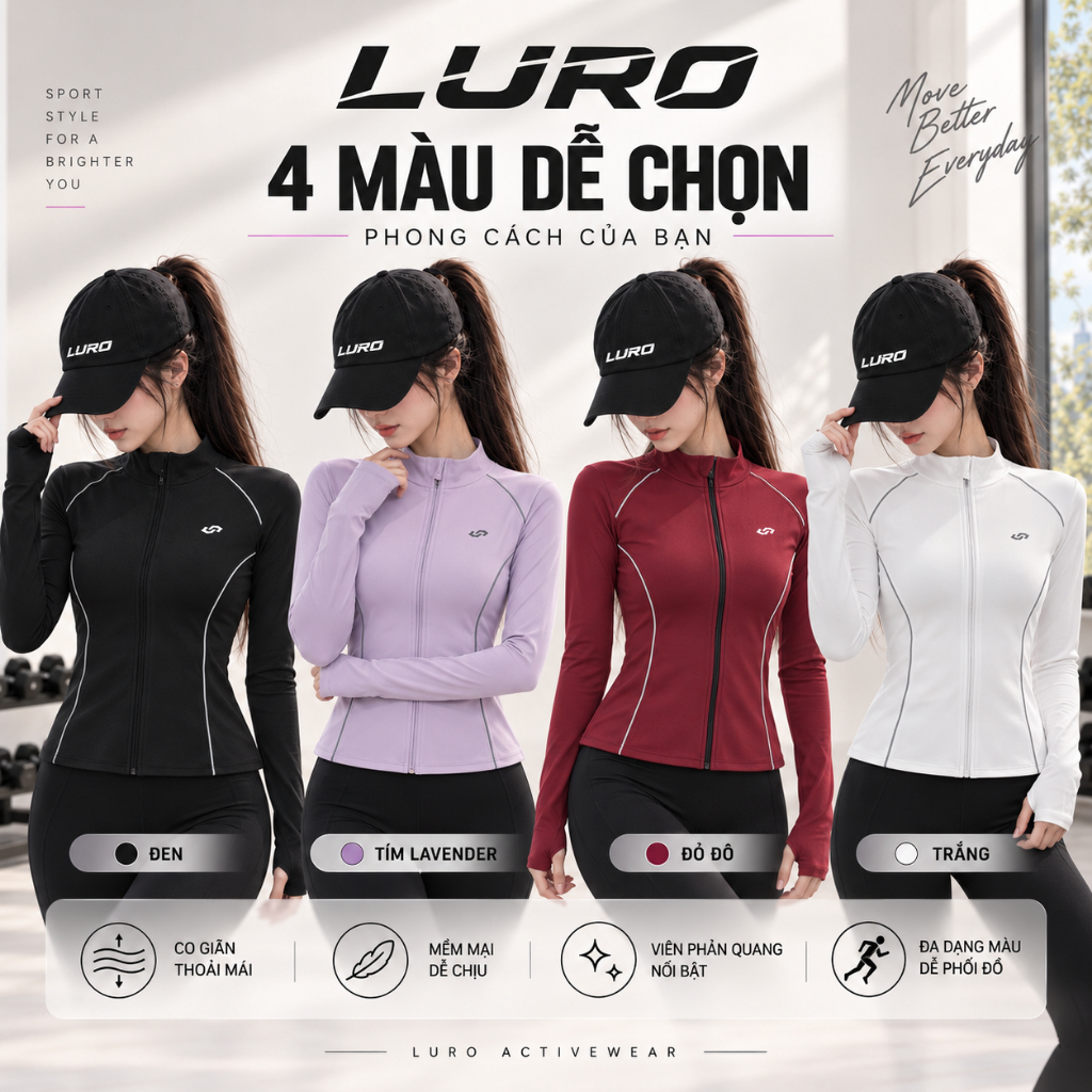 Áo Khoác Thể Thao Nữ LURO Ôm Body Tôn Dáng, Thun Quảng Châu, Viền Phản Quang, Gym Yoga 5