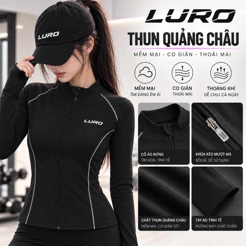 Áo Khoác Thể Thao Nữ LURO Ôm Body Tôn Dáng, Thun Quảng Châu, Viền Phản Quang, Gym Yoga 3
