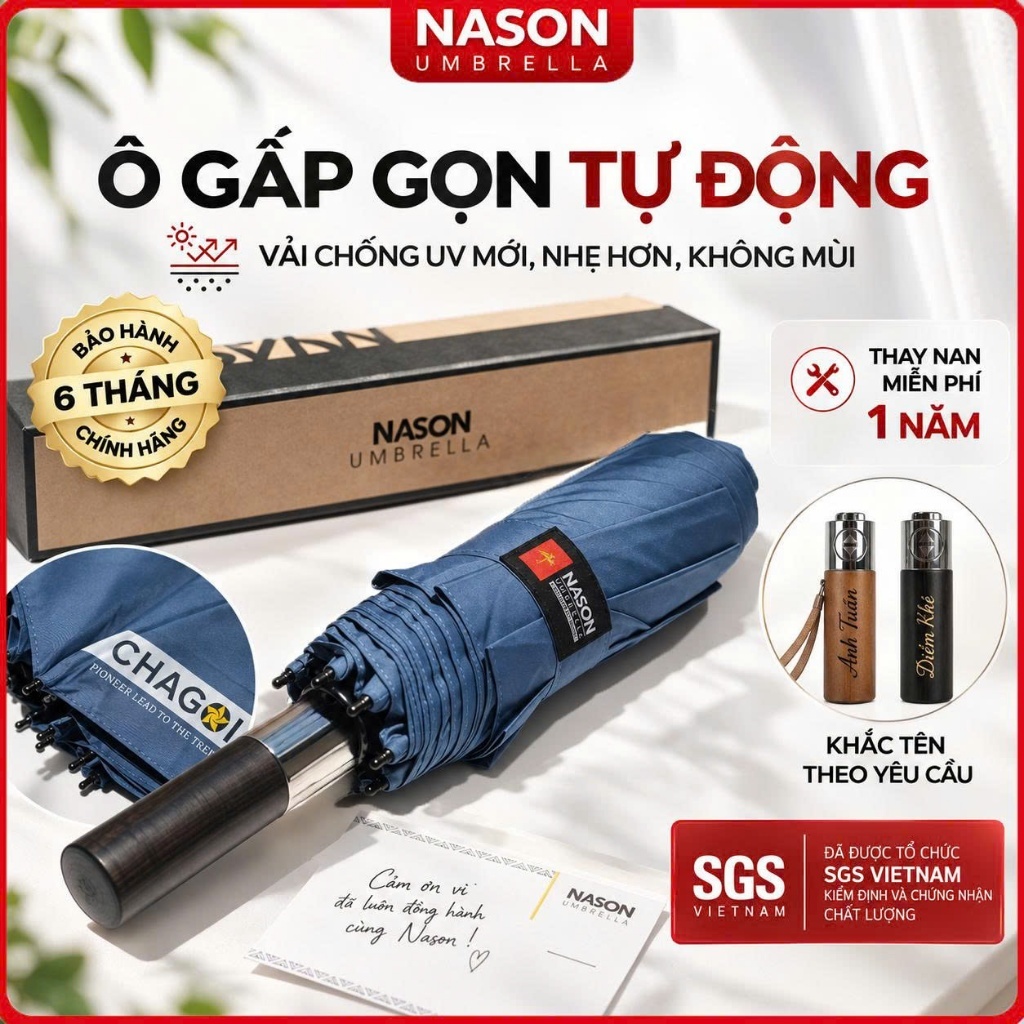 Ô dù che mưa, che nắng tự động gấp gọn Nason Chagoi cán gỗ, khắc tên, logo dát vàng, chống tia UV