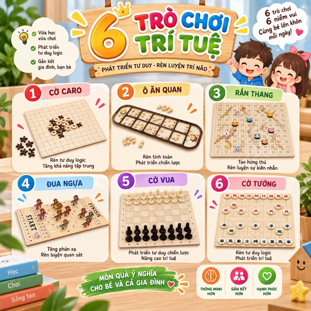 Combo 6 Bộ Trò Chơi Trí Tuệ Rèn Luyện Tư Duy Cho Bé - Trò Chơi Dân Gian Bách Mộc