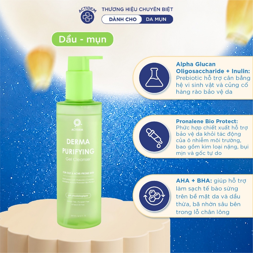 Gel rửa mặt dành cho da dầu mụn, nhạy cảm Actidem Derma Purifying Gel Cleanser 200ml